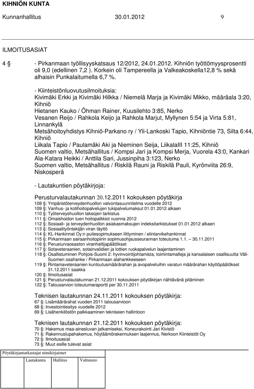 - Kiinteistönluovutusilmoituksia: Kivimäki Erkki ja Kivimäki Hilkka / Niemelä Marja ja Kivimäki Mikko, määräala 3:20, Kihniö Hietanen Kauko / Öhman Rainer, Kuusilehto 3:85, Nerko Vesanen Reijo /