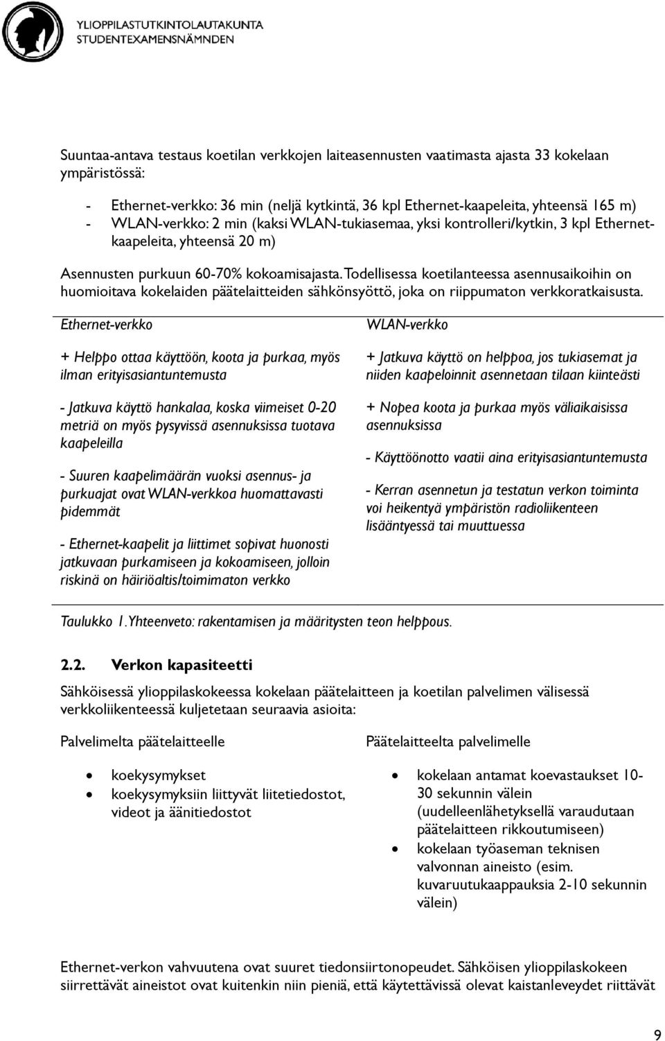 Todellisessa koetilanteessa asennusaikoihin on huomioitava kokelaiden päätelaitteiden sähkönsyöttö, joka on riippumaton verkkoratkaisusta.