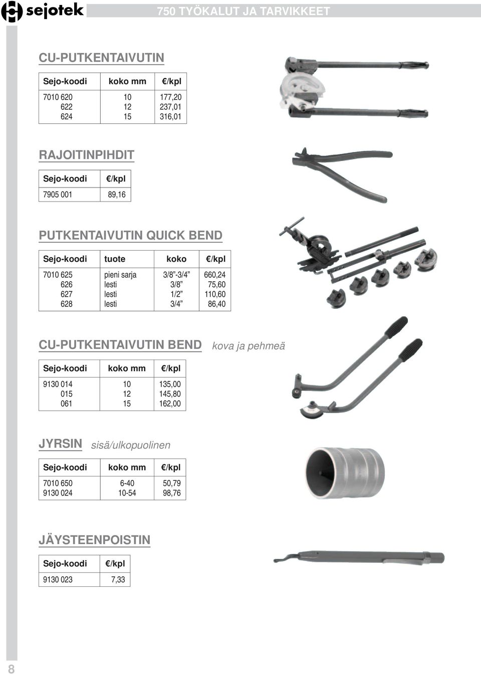 110,60 628 lesti 3/4 86,40 CU-PUTKENTAIVUTIN BEND kova ja pehmeä Sejo-koodi koko mm /kpl 9130 014 10 135,00 015 12 145,80 061 15