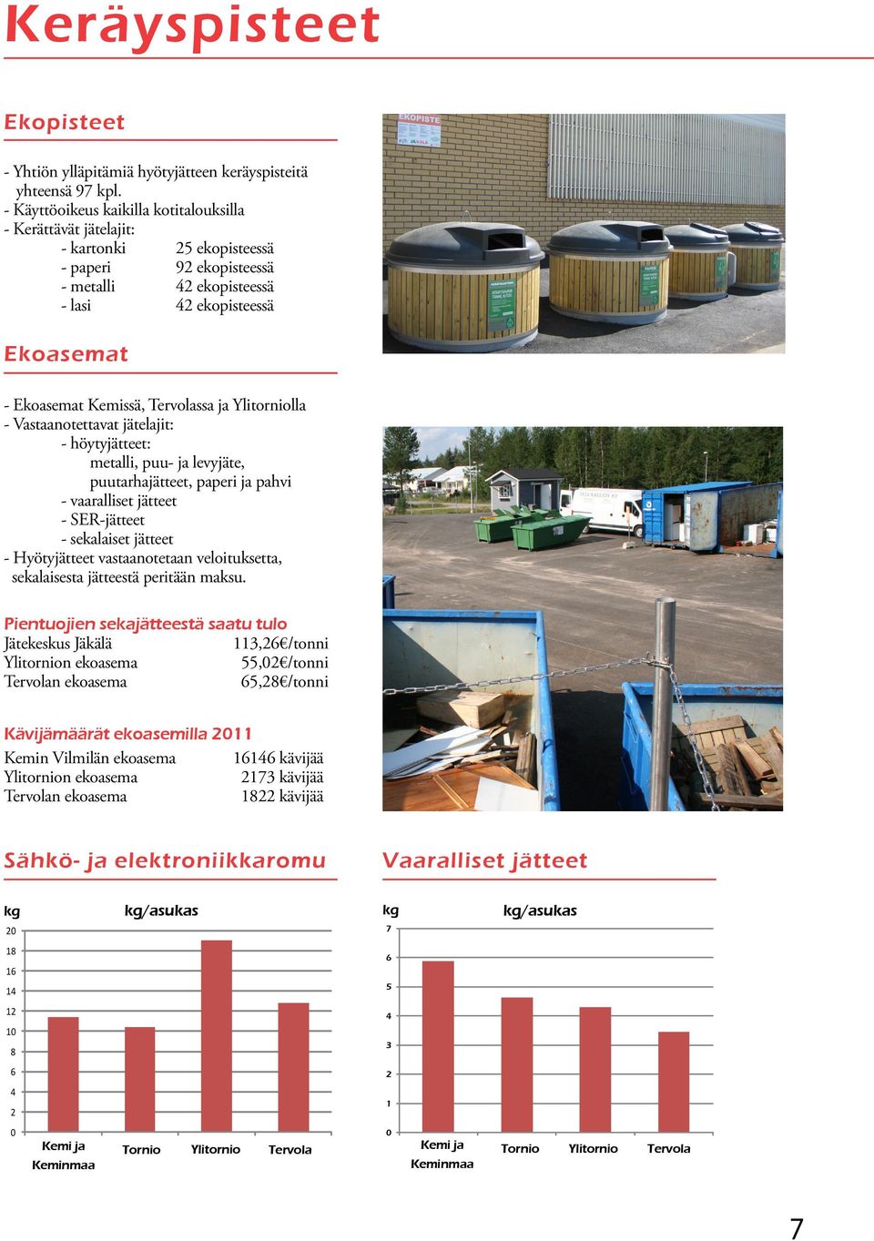 Tervolassa ja Ylitorniolla - Vastaanotettavat jätelajit: - höytyjätteet: metalli, puu- ja levyjäte, puutarhajätteet, paperi ja pahvi - vaaralliset jätteet - SER-jätteet - sekalaiset jätteet -