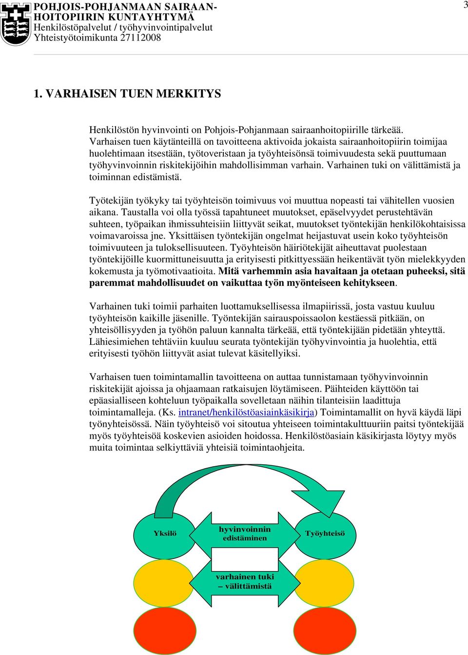 riskitekijöihin mahdollisimman varhain. Varhainen tuki on välittämistä ja toiminnan edistämistä. Työtekijän työkyky tai työyhteisön toimivuus voi muuttua nopeasti tai vähitellen vuosien aikana.