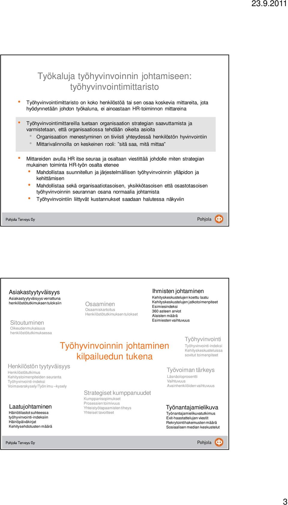 yhteydessä henkilöstön hyvinvointiin Mittarivalinnoilla on keskeinen rooli: sitä saa, mitä mittaa Mittareiden avulla HR itse seuraa ja osaltaan viestittää johdolle miten strategian mukainen toiminta