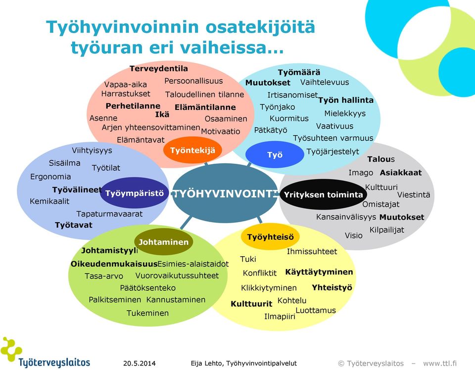 Vuorovaikutussuhteet Päätöksenteko Kannustaminen Tukeminen Persoonallisuus Taloudellinen tilanne TYÖHYVINVOINTI Työmäärä Muutokset Vaihtelevuus Tuki Irtisanomiset Työn hallinta Työnjako Mielekkyys