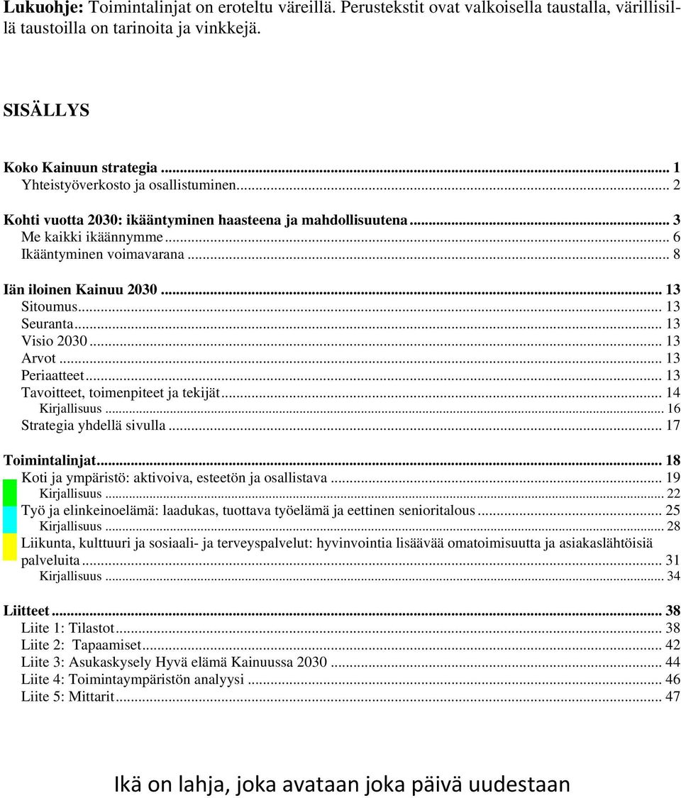 .. 13 Sitoumus... 13 Seuranta... 13 Visio 2030... 13 Arvot... 13 Periaatteet... 13 Tavoitteet, toimenpiteet ja tekijät... 14 Kirjallisuus... 16 Strategia yhdellä sivulla... 17 Toimintalinjat.