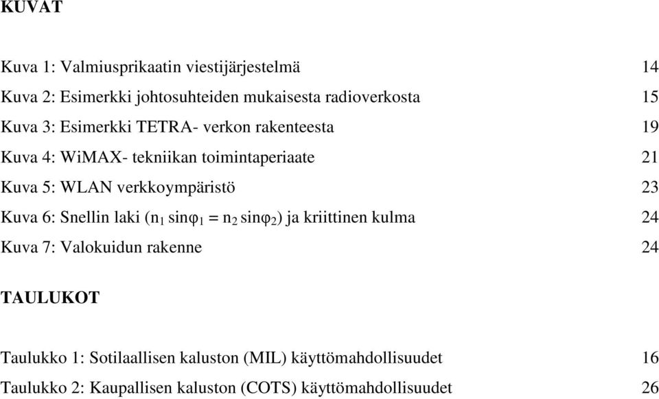 Kuva 6: Snellin laki (n 1 sinφ 1 = n 2 sinφ 2 ) ja kriittinen kulma 24 Kuva 7: Valokuidun rakenne 24 TAULUKOT Taulukko