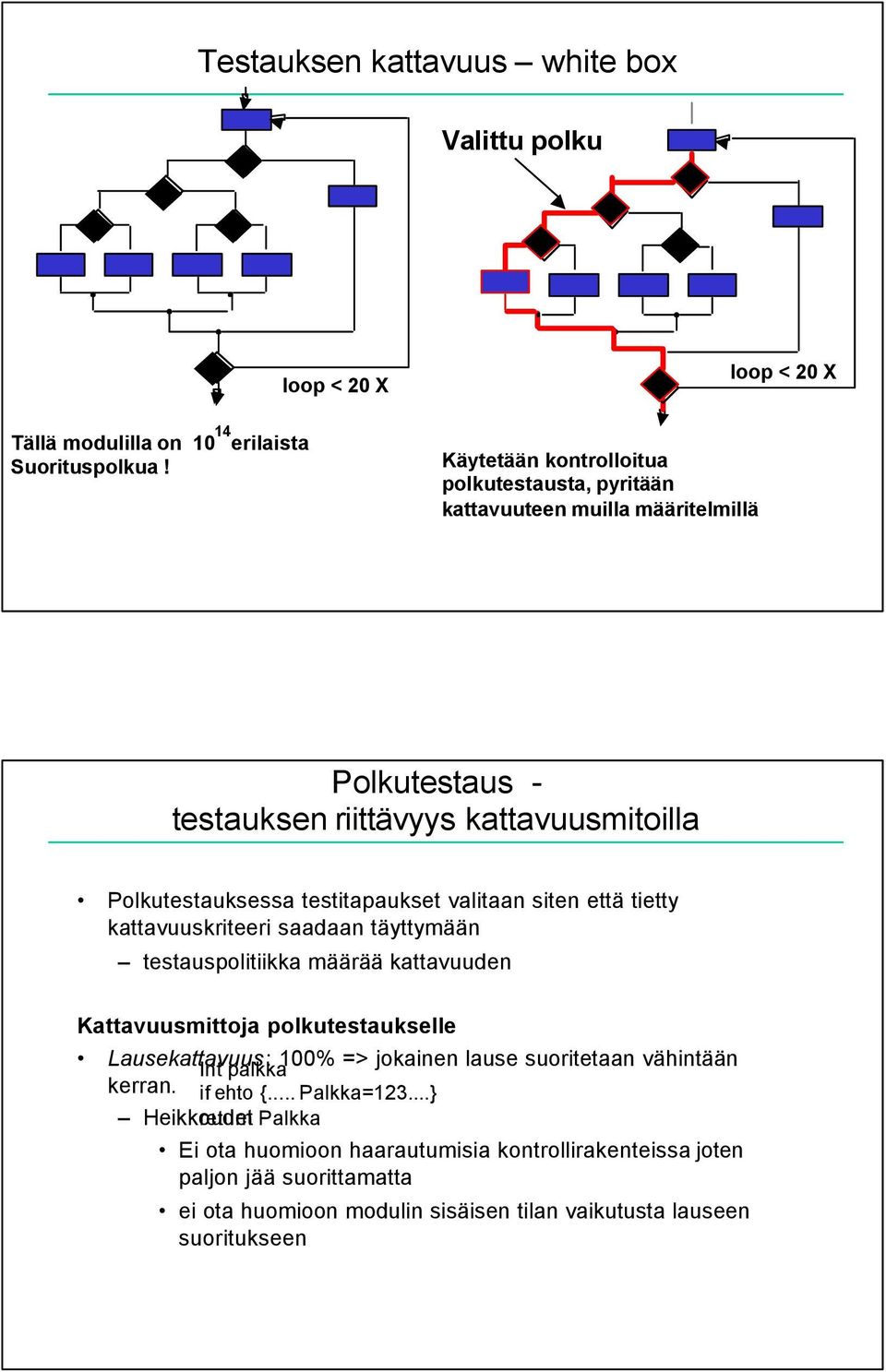 Polkutestauksessa testitapaukset valitaan siten että tietty kattavuuskriteeri saadaan täyttymään testauspolitiikka määrää kattavuuden Kattavuusmittoja polkutestaukselle