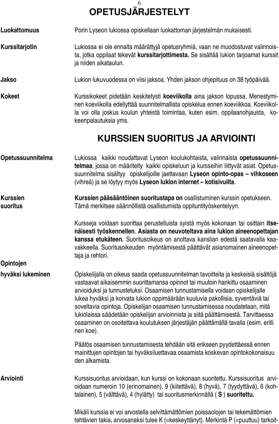 Lukion lukuvuodessa on viisi jaksoa. Yhden jakson ohjepituus on 38 työpäivää. Kurssikokeet pidetään keskitetysti koeviikolla aina jakson lopussa.