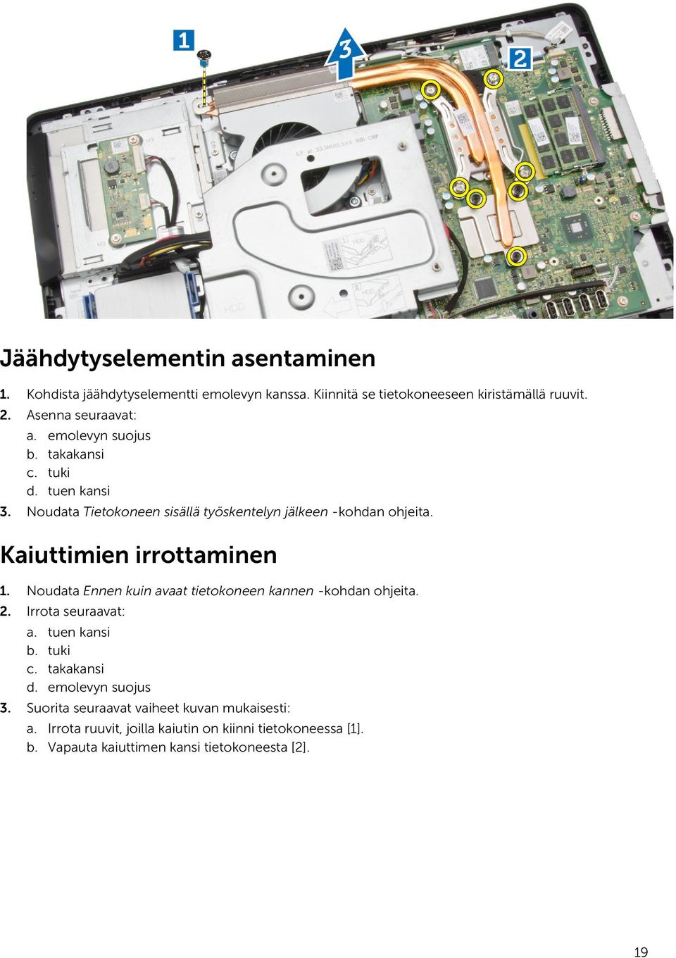 Kaiuttimien irrottaminen 1. Noudata Ennen kuin avaat tietokoneen kannen -kohdan ohjeita. 2. Irrota seuraavat: a. tuen kansi b. tuki c. takakansi d.
