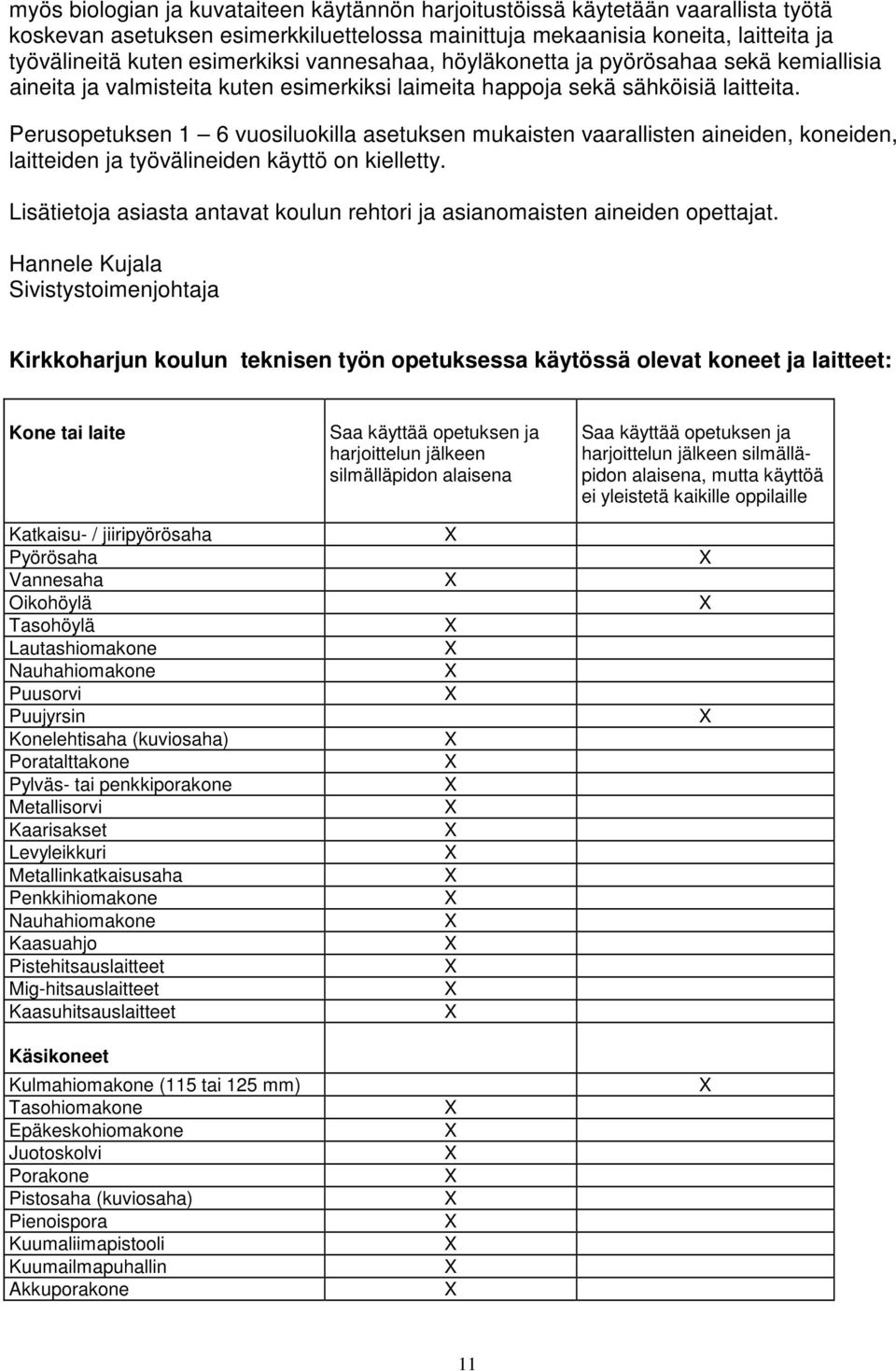 Perusopetuksen 1 6 vuosiluokilla asetuksen mukaisten vaarallisten aineiden, koneiden, laitteiden ja työvälineiden käyttö on kielletty.