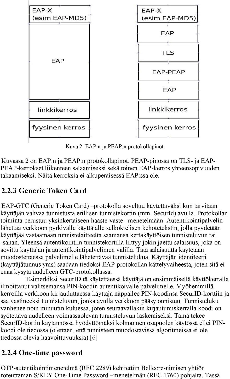 2.3 Generic Token Card EAP-GTC (Generic Token Card) protokolla soveltuu käytettäväksi kun tarvitaan käyttäjän vahvaa tunnistusta erillisen tunnistekortin (mm. SecurId) avulla.