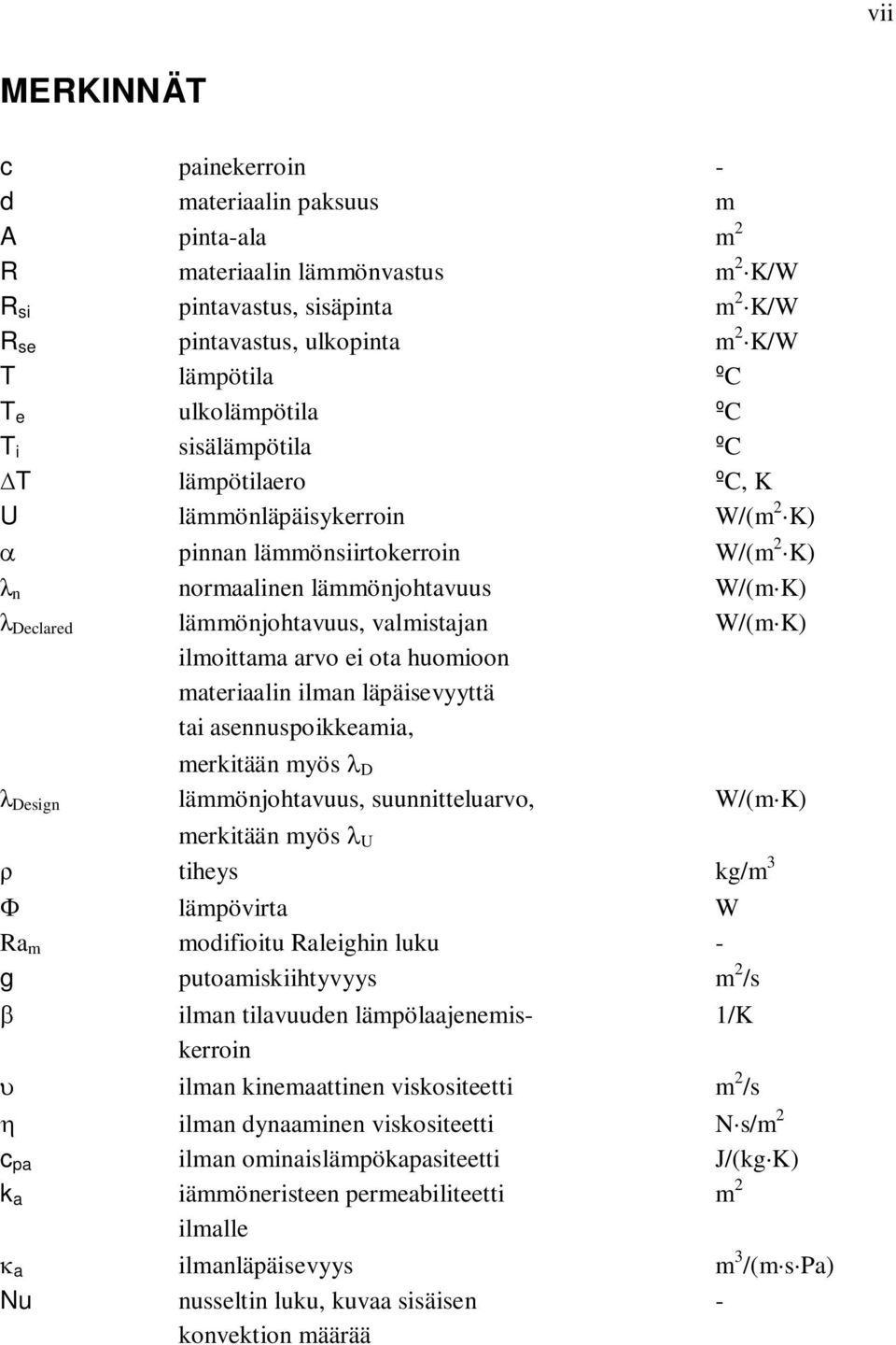 valmistajan W/(m K) ilmoittama arvo ei ota huomioon materiaalin ilman läpäisevyyttä tai asennuspoikkeamia, merkitään myös D Design lämmönjohtavuus, suunnitteluarvo, W/(m K) merkitään myös U tiheys