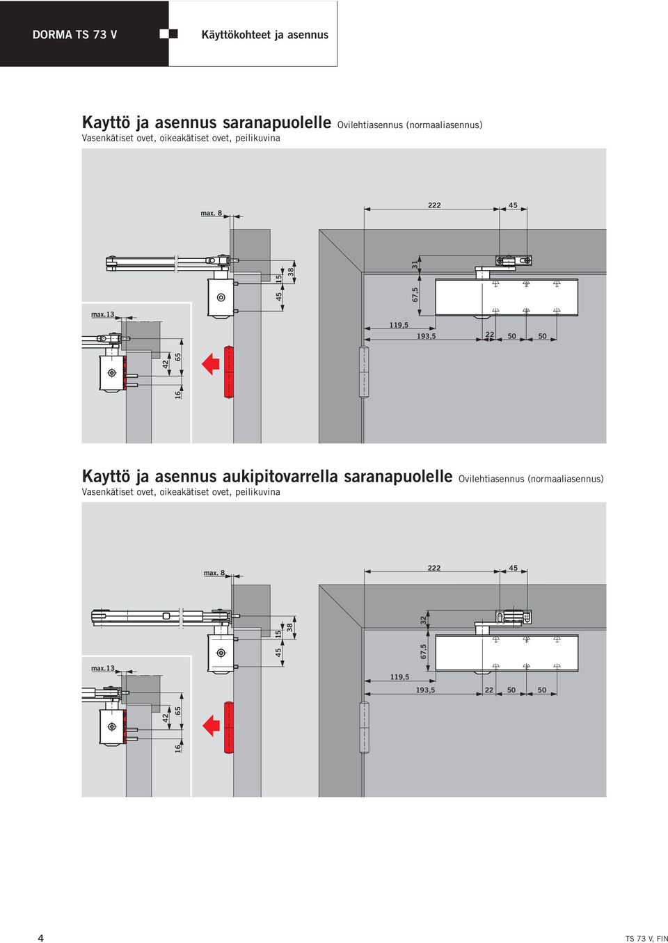 13 119,5 193,5 22 50 50 42 65 15 42 65 Kayttö ja asennus aukipitovarrella saranapuolelle