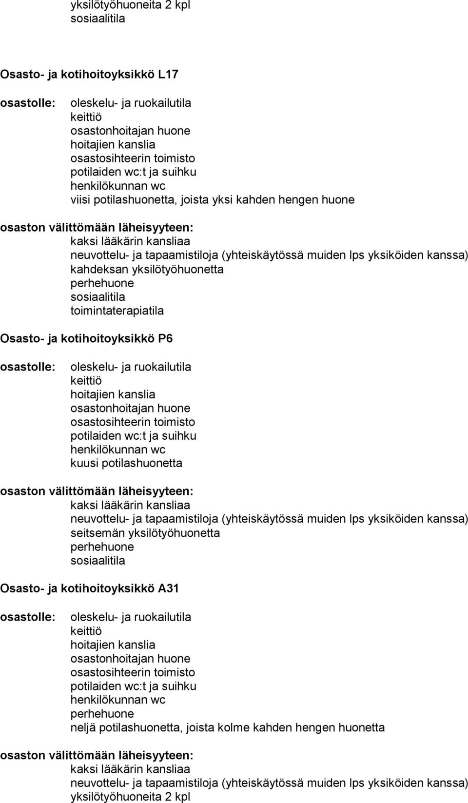 kotihoitoyksikkö P6 kuusi potilashuonetta seitsemän yksilötyöhuonetta perhehuone sosiaalitila Osasto- ja