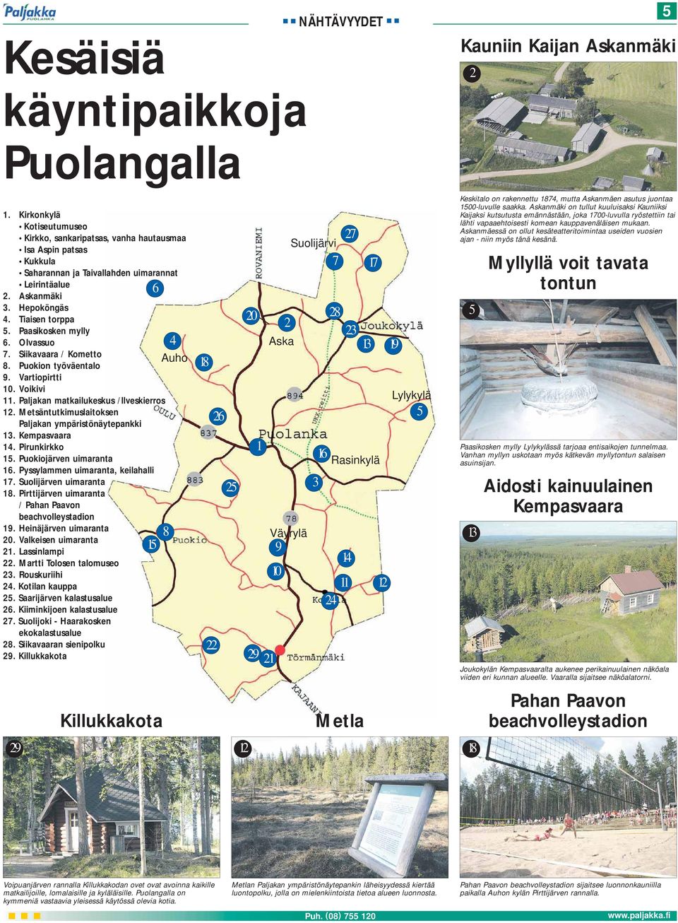 Paasikosken mylly 6. Olvassuo 7. Siikavaara / Kometto 8. Puokion työväentalo 9. Vartiopirtti 10. Voikivi 11. Paljakan matkailukeskus /llveskierros 12.