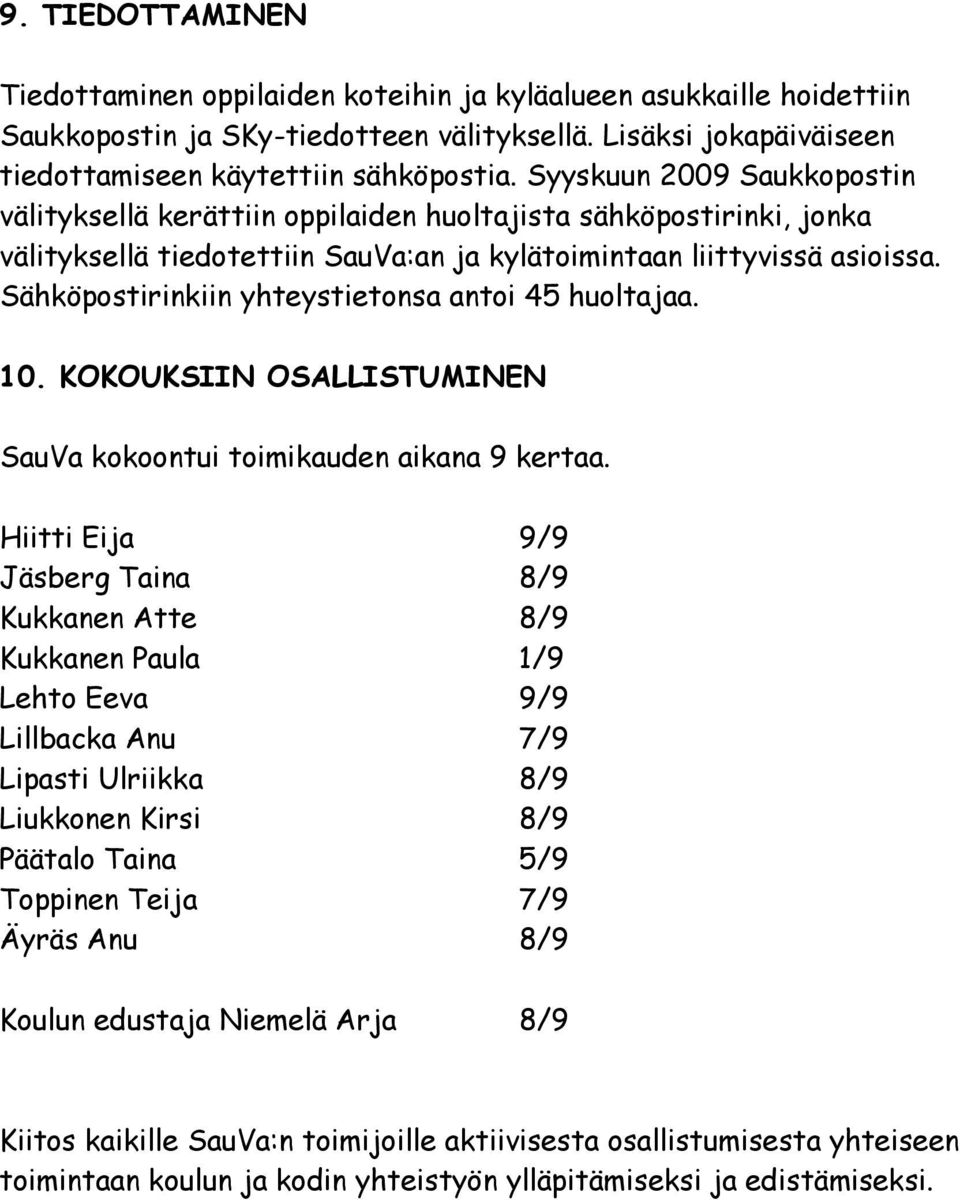 Sähköpostirinkiin yhteystietonsa antoi 45 huoltajaa. 10. KOKOUKSIIN OSALLISTUMINEN SauVa kokoontui toimikauden aikana 9 kertaa.