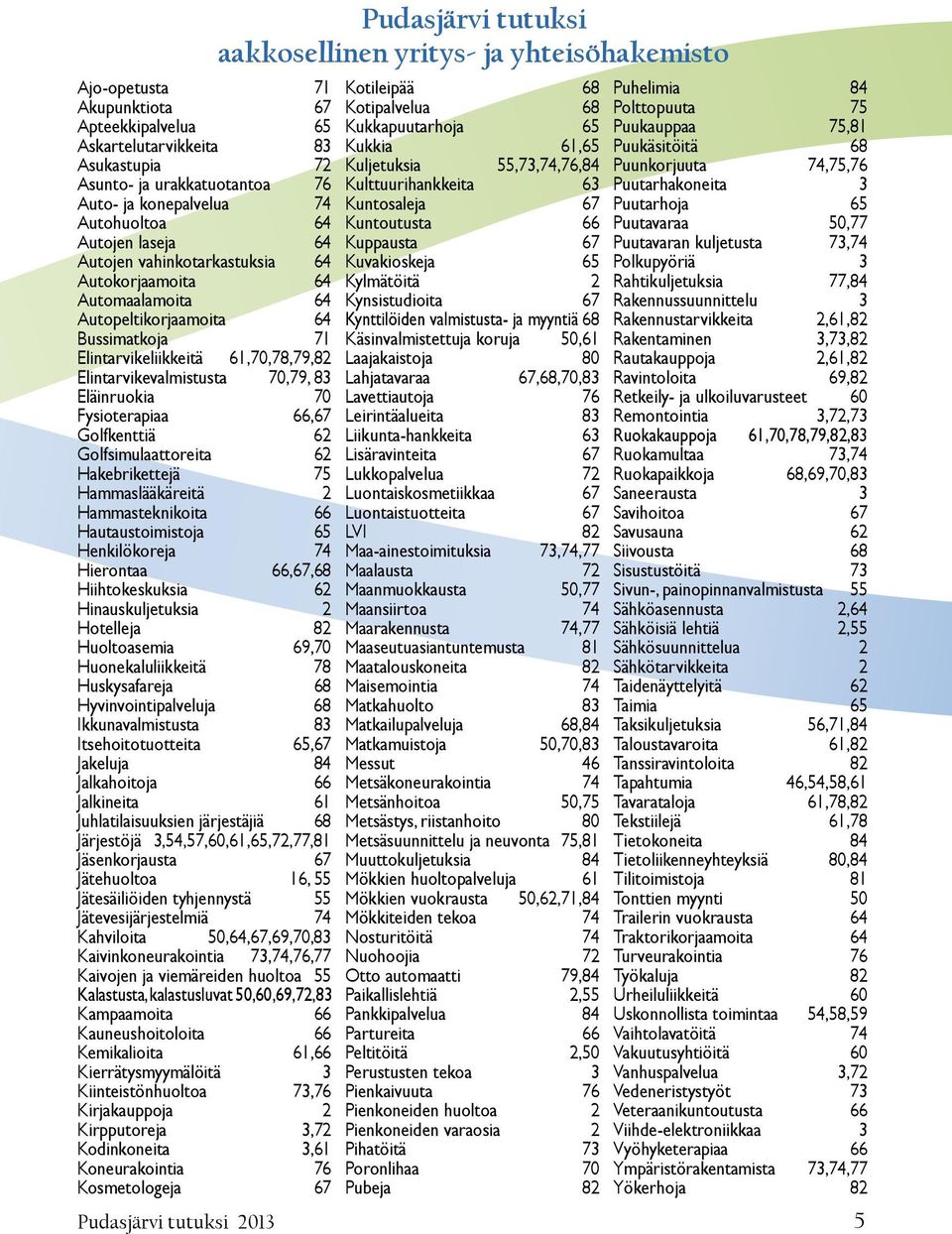 66,67 Golfkenttiä 62 Golfsimulaattoreita 62 Hakebrikettejä 75 Hammaslääkäreitä 2 Hammasteknikoita 66 Hautaustoimistoja 65 Henkilökoreja 74 Hierontaa 66,67,68 Hiihtokeskuksia 62 Hinauskuljetuksia 2