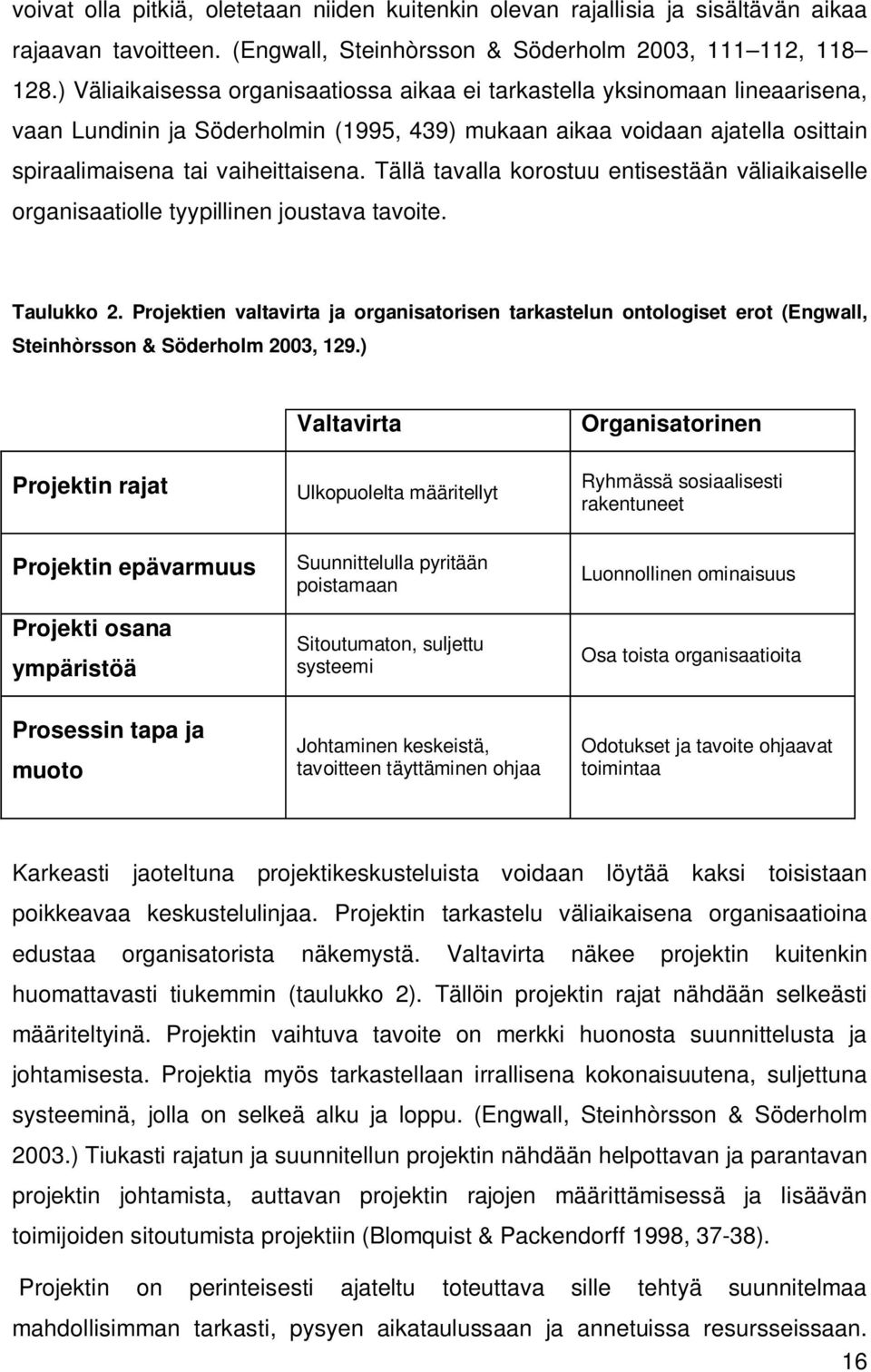 Tällä tavalla korostuu entisestään väliaikaiselle organisaatiolle tyypillinen joustava tavoite. Taulukko 2.