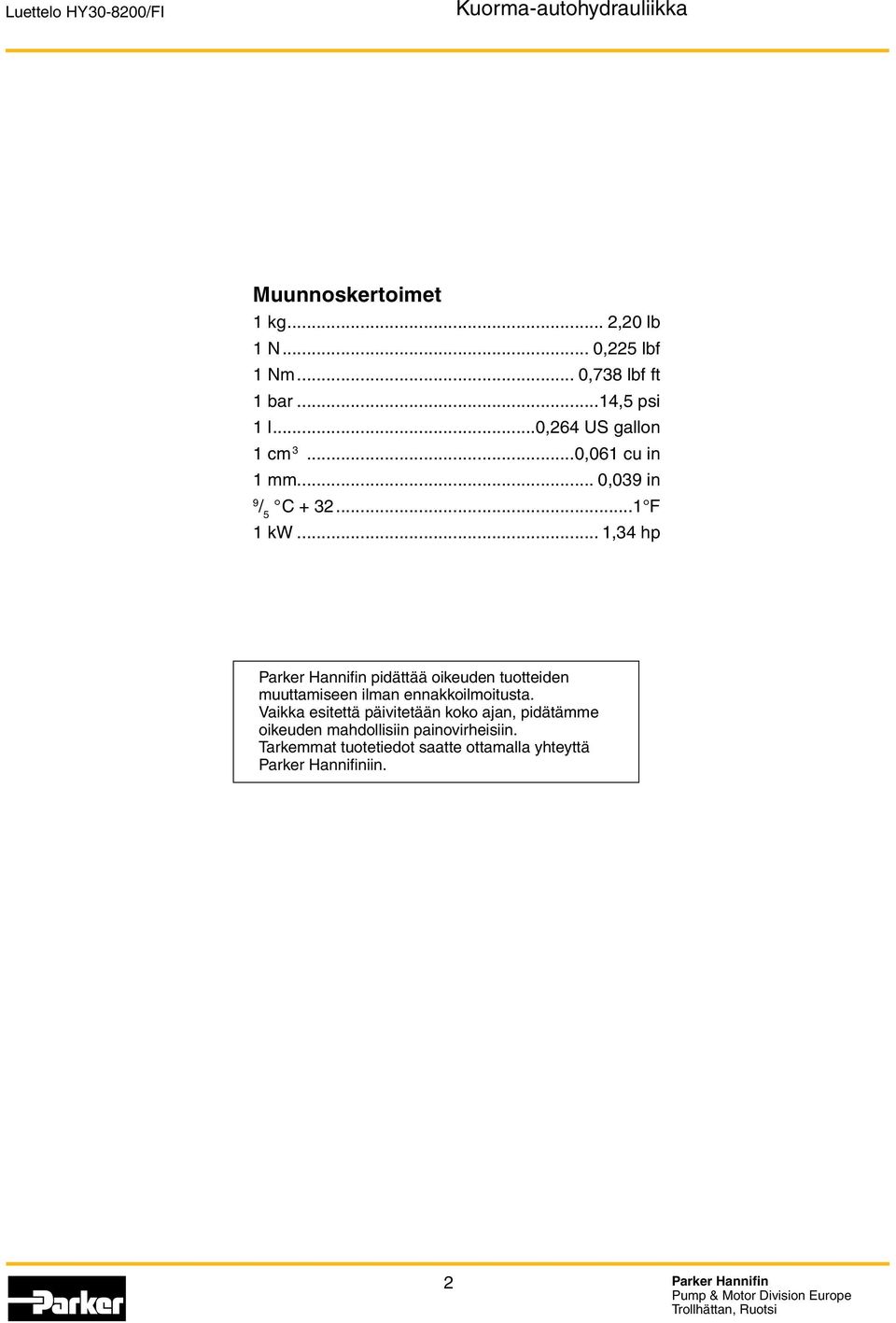 .. 1,34 hp Parker Hannifin pidättää oikeuden tuotteiden muuttamiseen ilman ennakkoilmoitusta.