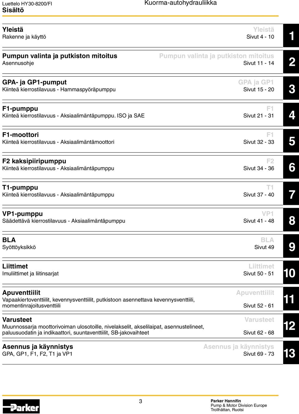 ISO ja SAE Sivut 21-31 F1-moottori F1 Kiinteä kierrostilavuus - Aksiaalimäntämoottori Sivut 32-33 F2 kaksipiiripumppu F2 Kiinteä kierrostilavuus - Aksiaalimäntäpumppu Sivut 34-36 T1-pumppu T1 Kiinteä