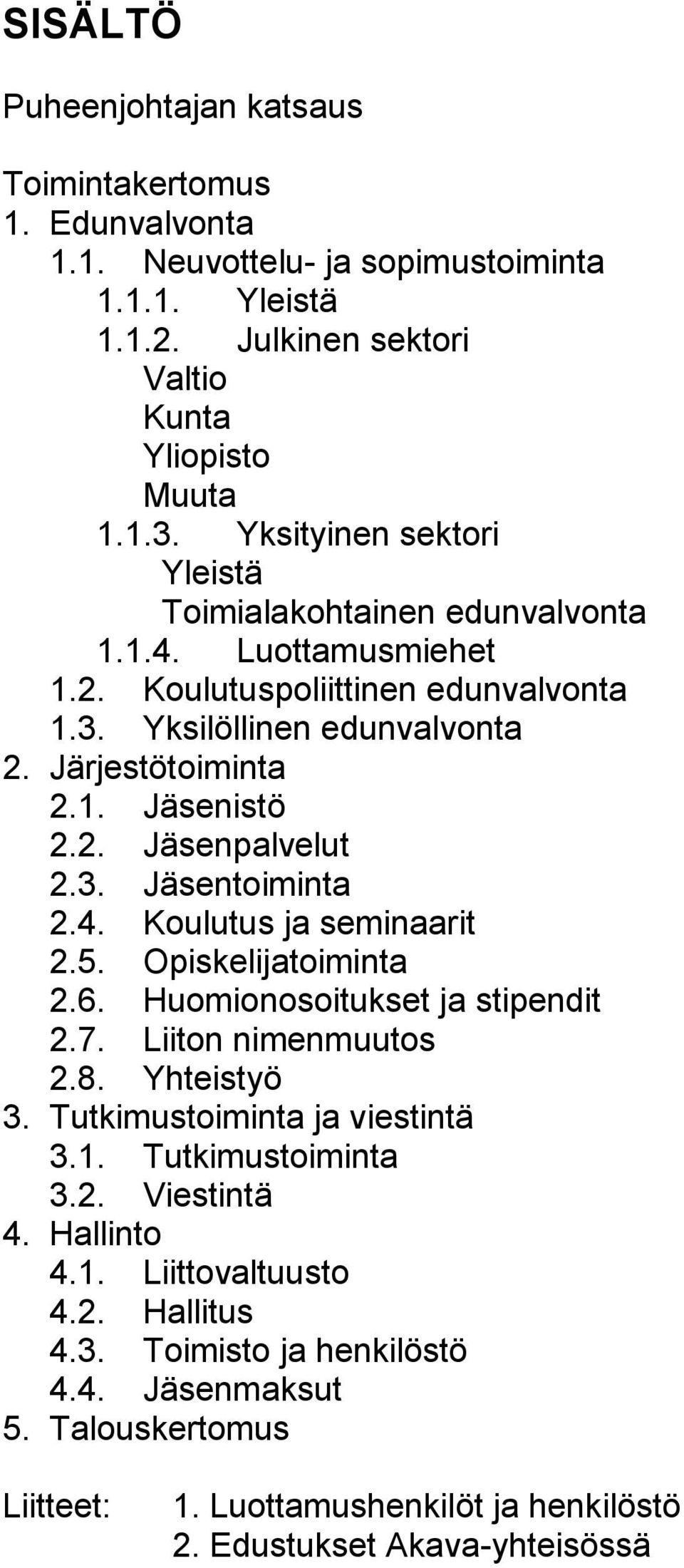 3. Jäsentoiminta 2.4. Koulutus ja seminaarit 2.5. Opiskelijatoiminta 2.6. Huomionosoitukset ja stipendit 2.7. Liiton nimenmuutos 2.8. Yhteistyö 3. Tutkimustoiminta ja viestintä 3.1.