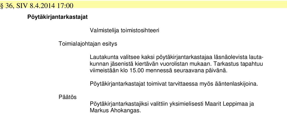 kaksi pöytäkirjantarkastajaa läsnäolevista lautakunnan jäsenistä kiertävän vuorolistan mukaan.