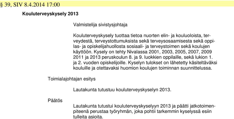 terveysosaamisesta sekä oppilas- ja opiskelijahuollosta sosiaali- ja terveystoimen sekä koulujen käyttöön. Kysely on tehty Nivalassa 2001, 2003, 2005, 2007, 2009 2011 ja 2013 peruskoulun 8.