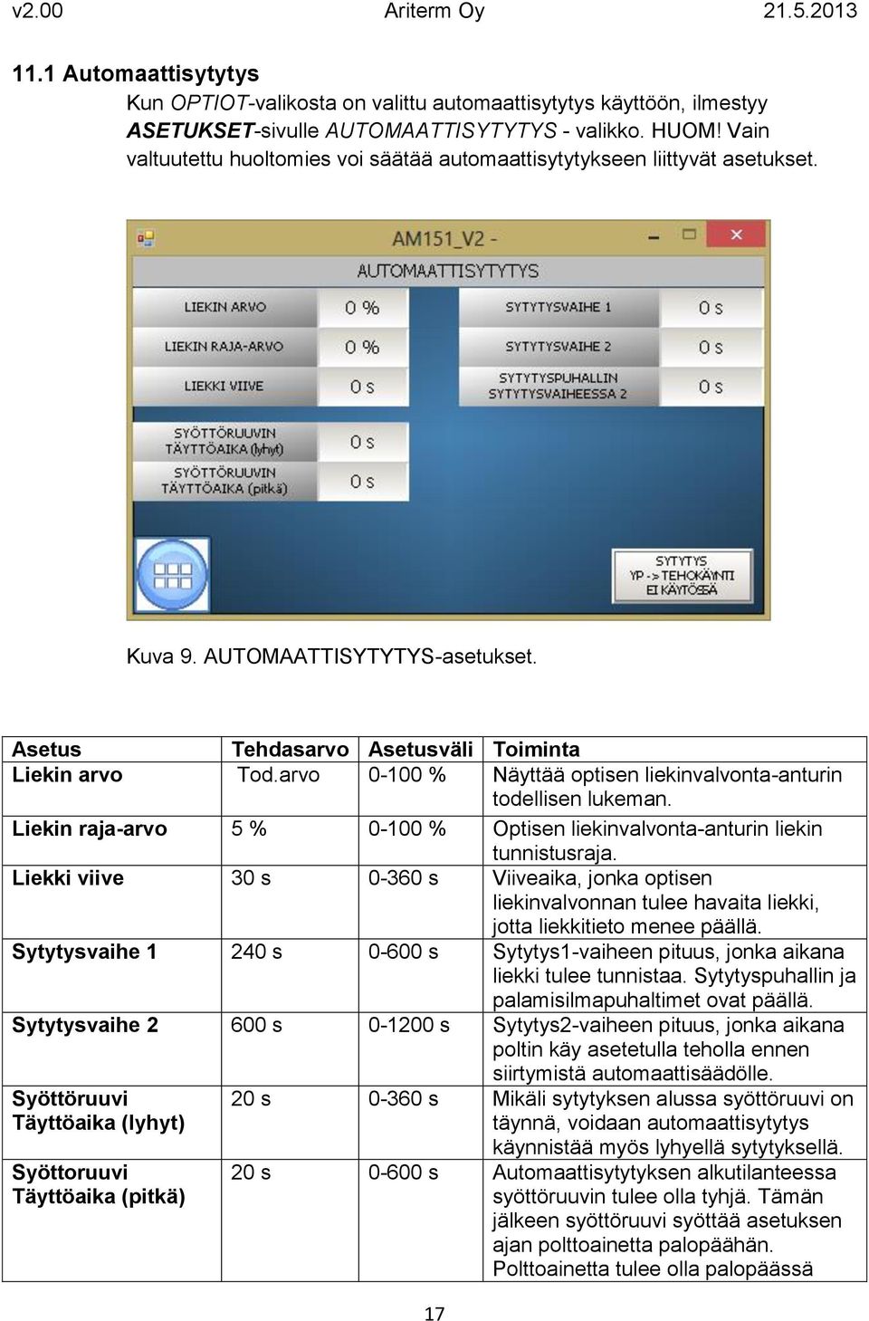 arvo 0-100 % Näyttää optisen liekinvalvonta-anturin todellisen lukeman. Liekin raja-arvo 5 % 0-100 % Optisen liekinvalvonta-anturin liekin tunnistusraja.