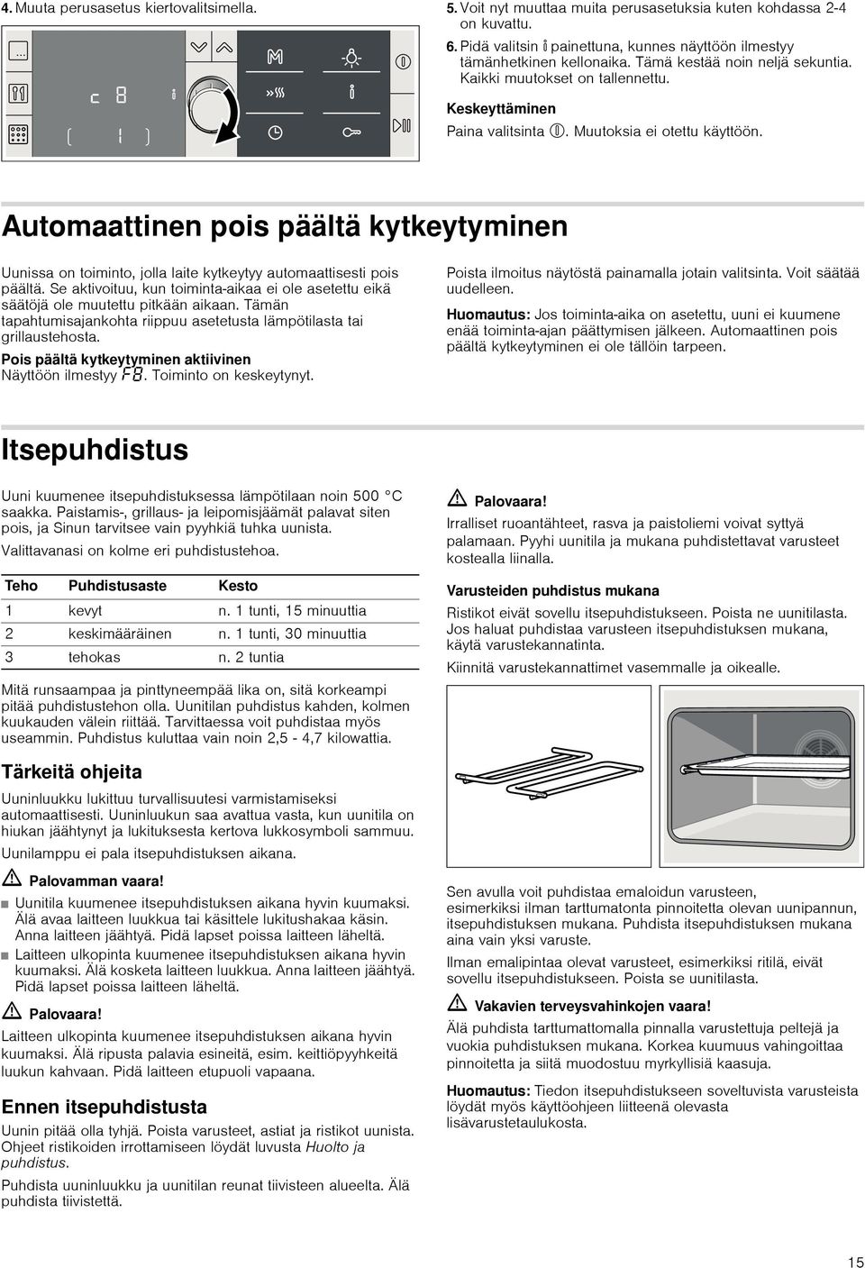 Automaattinen pois päältä kytkeytyminen Uunissa on toiminto, jolla laite kytkeytyy automaattisesti pois päältä.