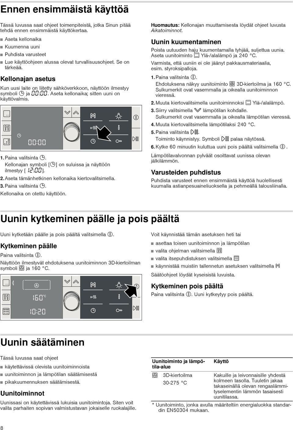 Kellonajan asetus Kun uusi laite on liitetty sähköverkkoon, näyttöön ilmestyy symboli 0 ja :. Aseta kellonaika; sitten uuni on käyttövalmis. 1.Paina valitsinta 0.