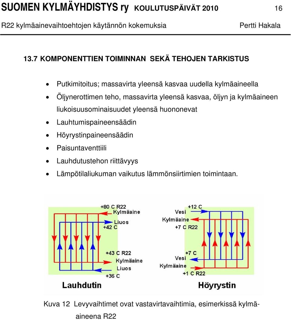 Öljynerottimen teho, massavirta yleensä kasvaa, öljyn ja kylmäaineen liukoisuusominaisuudet yleensä huononevat