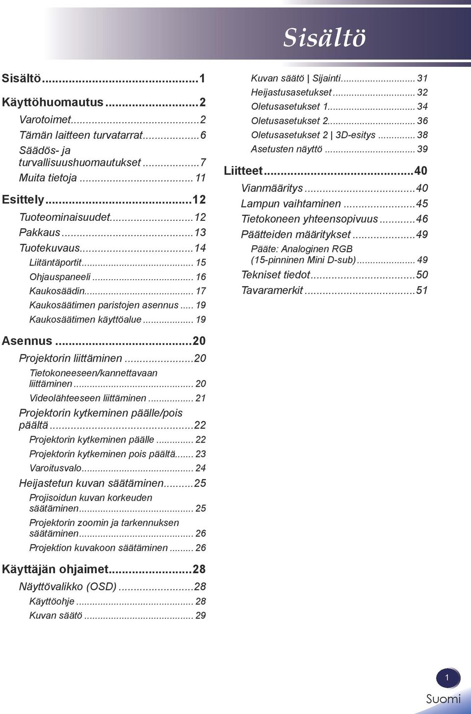 .. 32 Oletusasetukset 1... 34 Oletusasetukset 2... 36 Oletusasetukset 2 3D-esitys... 38 Asetusten näyttö... 39 Liitteet...40 Vianmääritys...40 Lampun vaihtaminen...45 Tietokoneen yhteensopivuus.