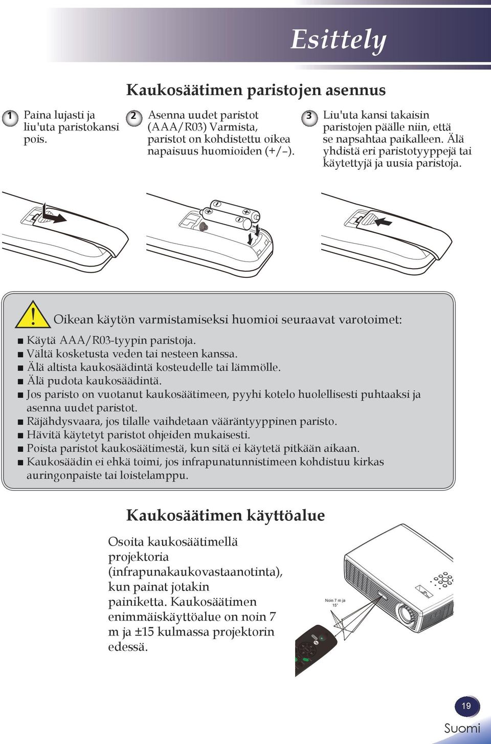 Oikean käytön varmistamiseksi huomioi seuraavat varotoimet: Käytä AAA/R03-tyypin paristoja. Vältä kosketusta veden tai nesteen kanssa. Älä altista kaukosäädintä kosteudelle tai lämmölle.