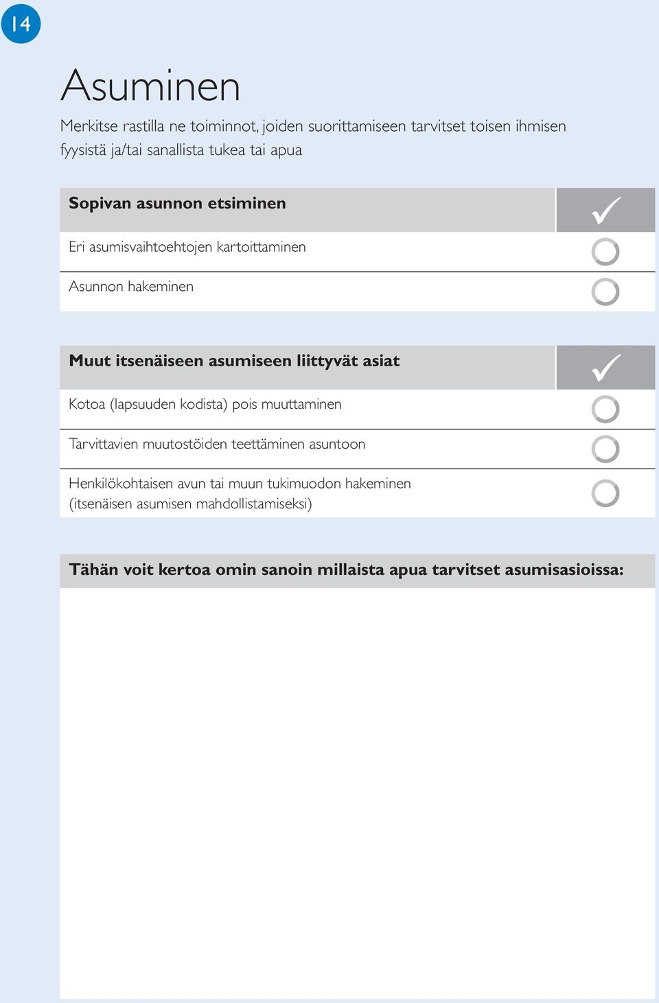 asiat Kotoa (lapsuuden kodista) pois muuttaminen Tarvittavien muutostöiden teettäminen asuntoon Henkilökohtaisen avun tai muun