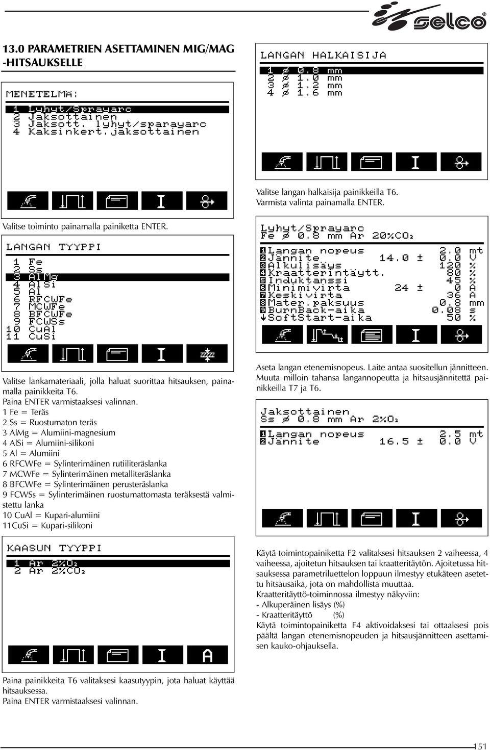 1 Fe = Teräs 2 Ss = Ruostumaton teräs 3 AlMg = Alumiini-magnesium 4 AlSi = Alumiini-silikoni 5 Al = Alumiini 6 RFCWFe = Sylinterimäinen rutiiliteräslanka 7 MCWFe = Sylinterimäinen metalliteräslanka 8