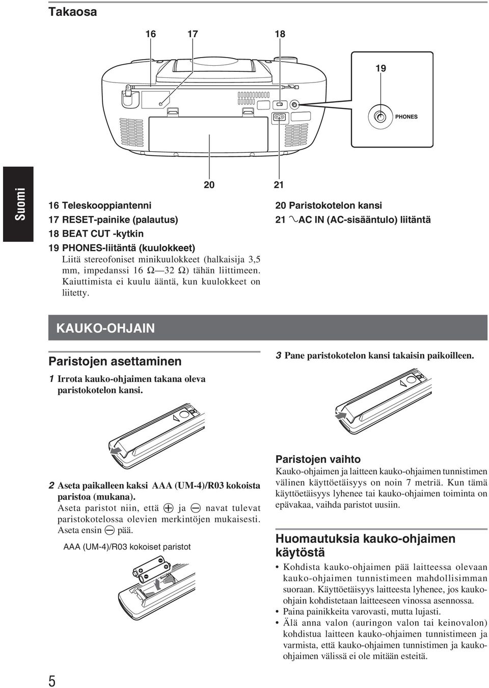 20 Paristokotelon kansi 21 ÓAC IN (AC-sisääntulo) liitäntä KAUKO-OHJAIN Paristojen asettaminen 3 Pane paristokotelon kansi takaisin paikoilleen.