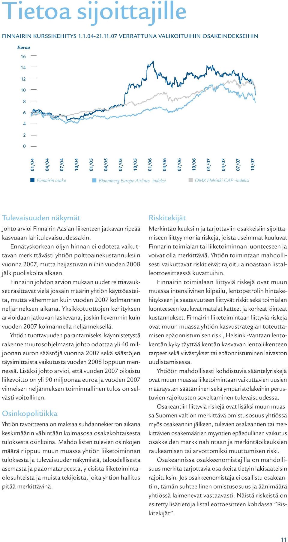 Europe Airlines -indeksi OMX Helsinki Cap -indeksi Tulevaisuuden näkymät Johto arvioi Finnairin Aasian-liikenteen jatkavan ripeää kasvuaan lähitulevaisuudessakin.