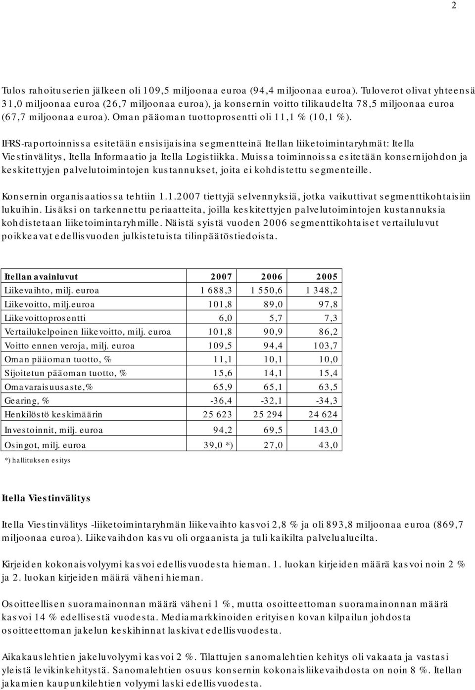 IFRS raportoinnissa esitetään ensisijaisina segmentteinä Itellan liiketoimintaryhmät: Itella Viestinvälitys, Itella Informaatio ja Itella Logistiikka.