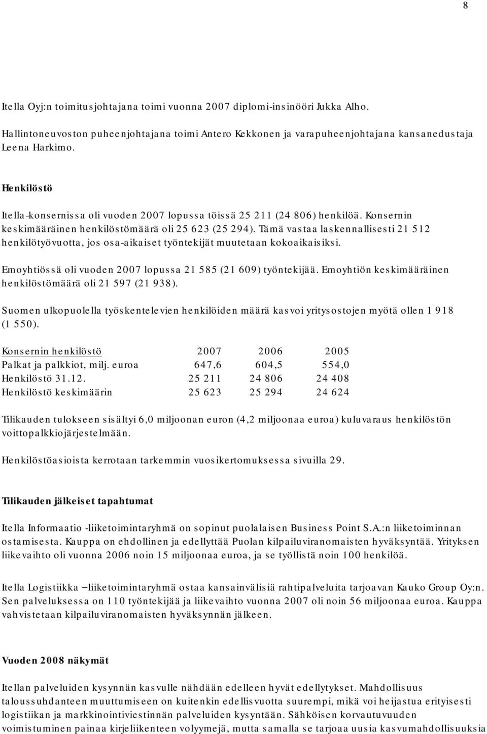 Tämä vastaa laskennallisesti 21 512 henkilötyövuotta, jos osa aikaiset työntekijät muutetaan kokoaikaisiksi. Emoyhtiössä oli vuoden 2007 lopussa 21 585 (21 609) työntekijää.