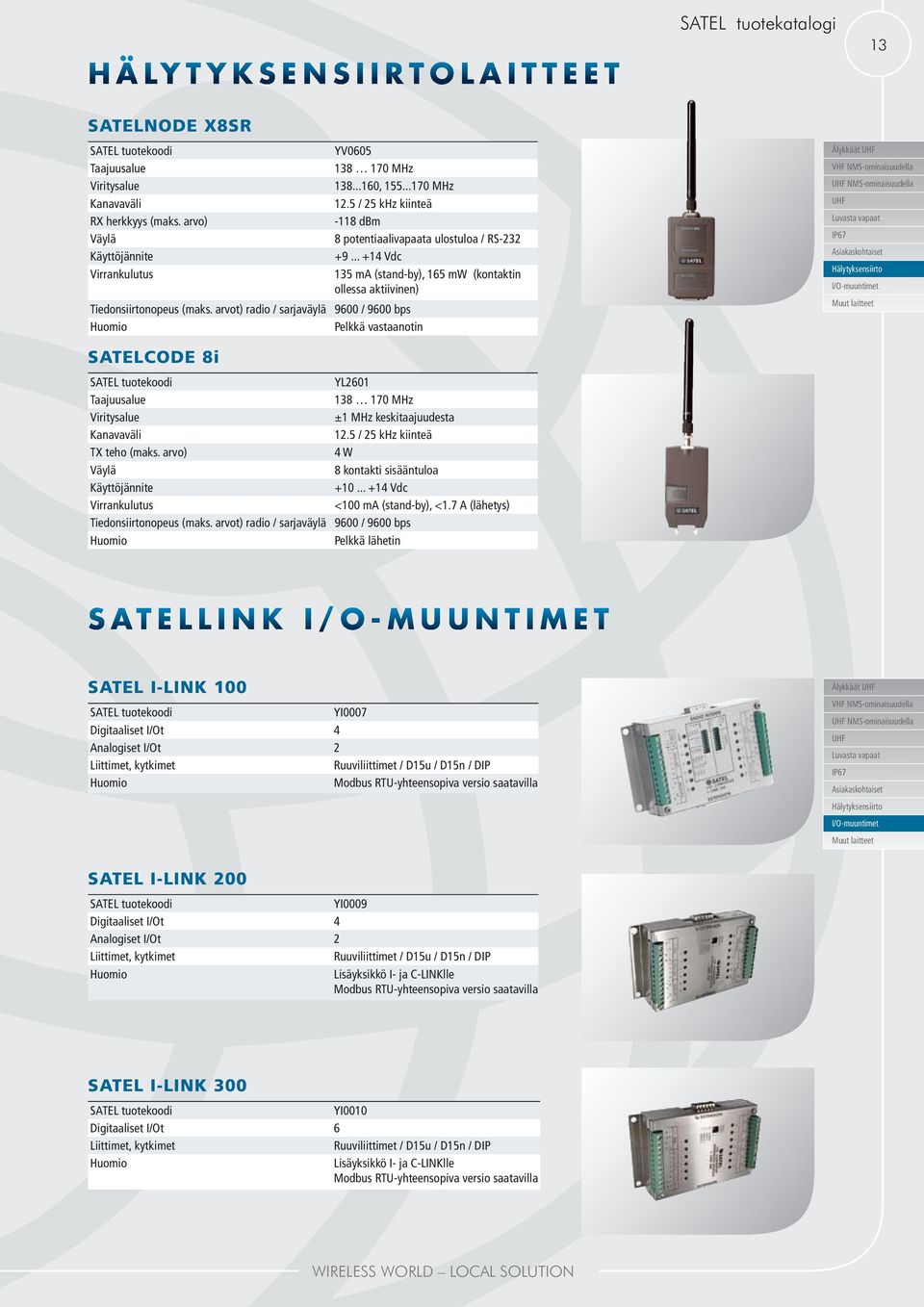 .. +14 Vdc 135 ma (stand-by), 165 mw (kontaktin ollessa aktiivinen) SATELCODE 8i YL2601 138 170 MHz ±1 MHz keskitaajuudesta 12.5 / 25 khz kiinteä TX teho (maks.