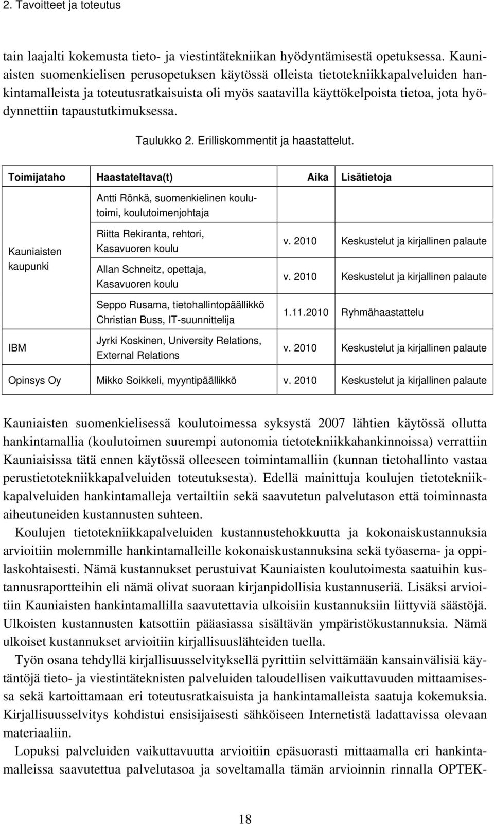 tapaustutkimuksessa. Taulukko 2. Erilliskommentit ja haastattelut.