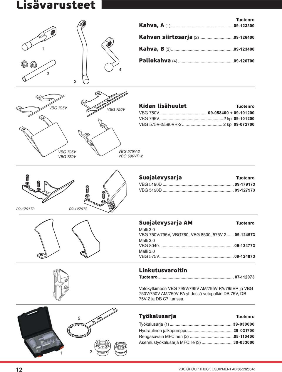 .. 09-127973 09-179173 09-127973 Suojalevysarja AM Tuotenro Malli 3.0... VBG 750V/795V, VBG760, VBG 8500, 575V-2... 09-124973 Malli 3.0... VBG 8040...09-124773 Malli 3.0... VBG 575V.