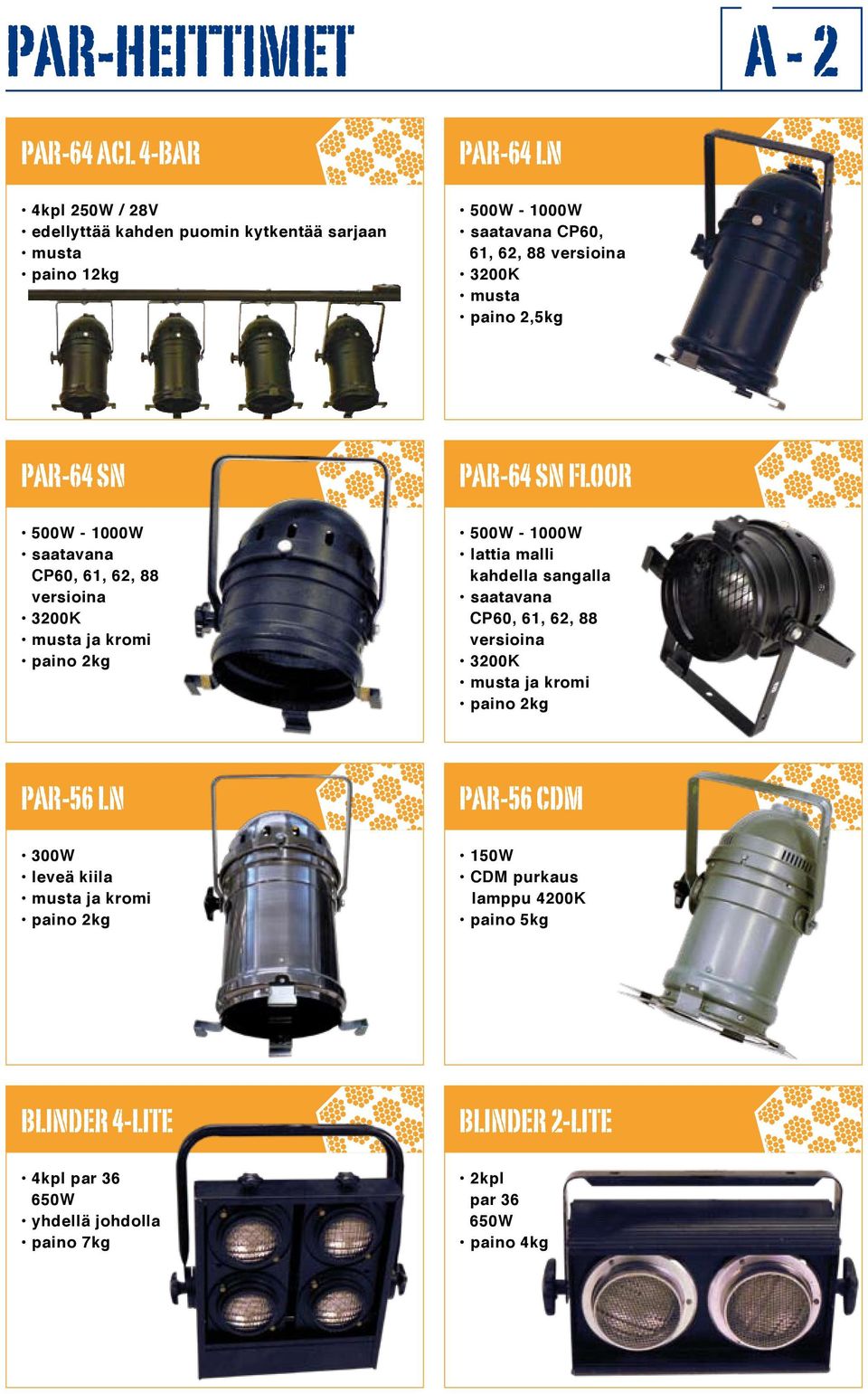500W - 1000W lattia malli kahdella sangalla saatavana CP60, 61, 62, 88 versioina 3200K musta ja kromi paino 2kg PAR-56 LN 300W leveä kiila musta ja kromi