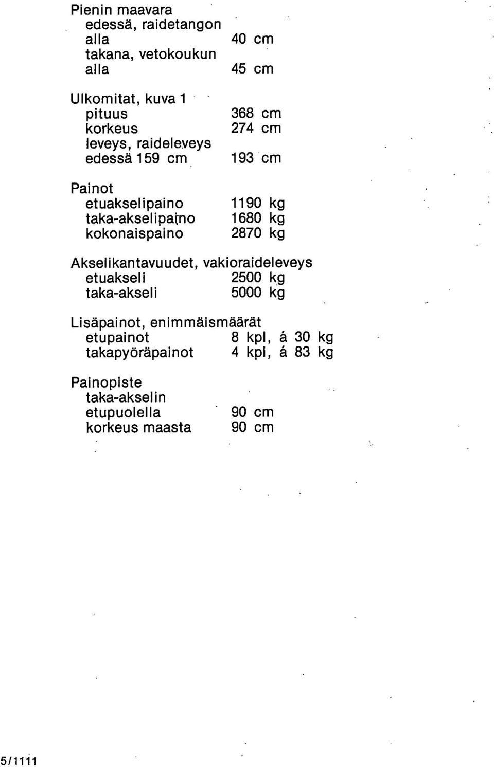 2870 kg Akselikantavuudet, vakioraideleveys etuakseli 2500 kg taka-akseli 5000 kg Lisäpainot, enimmäismäärät