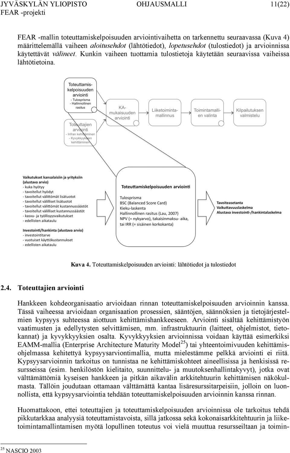 Toteuttamiskelpoisuuden arviointi: lähtötiedot ja tulostiedot 2.4. Toteuttajien arviointi Hankkeen kohdeorganisaatio arvioidaan rinnan toteuttamiskelpoisuuden arvioinnin kanssa.