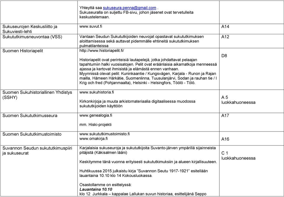 fi Vantaan Seudun Sukututkijoiden neuvojat opastavat sukututkimuksen aloittamisessa sekä auttavat pidemmälle ehtineitä sukututkimuksen pulmatilanteissa http://www.historiapelit.