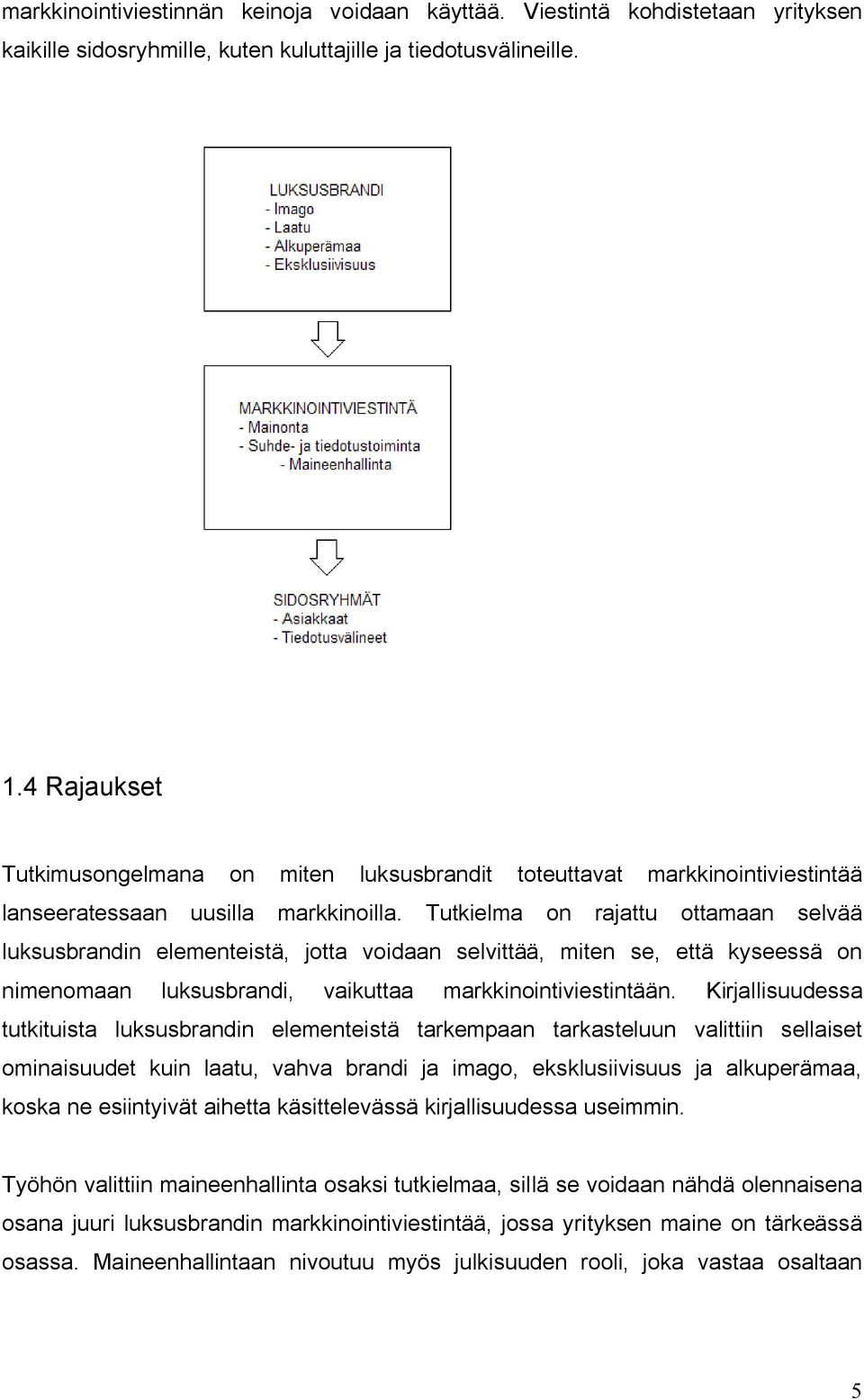 Tutkielma on rajattu ottamaan selvää luksusbrandin elementeistä, jotta voidaan selvittää, miten se, että kyseessä on nimenomaan luksusbrandi, vaikuttaa markkinointiviestintään.