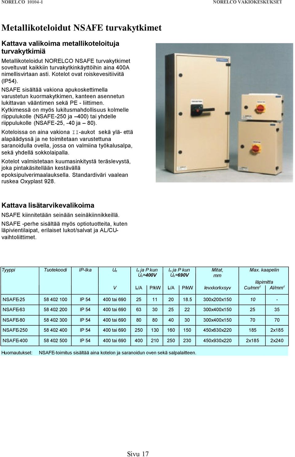 Kytkimessä on myös lukitusmahdollisuus kolmelle riippulukolle (NSAFE-250 ja 400) tai yhdelle riippulukolle (NSAFE-25, -40 ja 80).