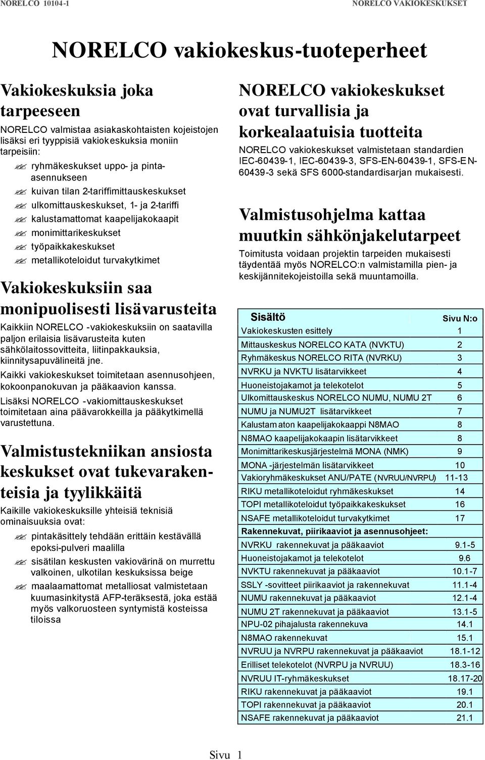 Vakiokeskuksiin saa monipuolisesti lisävarusteita Kaikkiin NORELCO -vakiokeskuksiin on saatavilla paljon erilaisia lisävarusteita kuten sähkölaitossovitteita, liitinpakkauksia, kiinnitysapuvälineitä