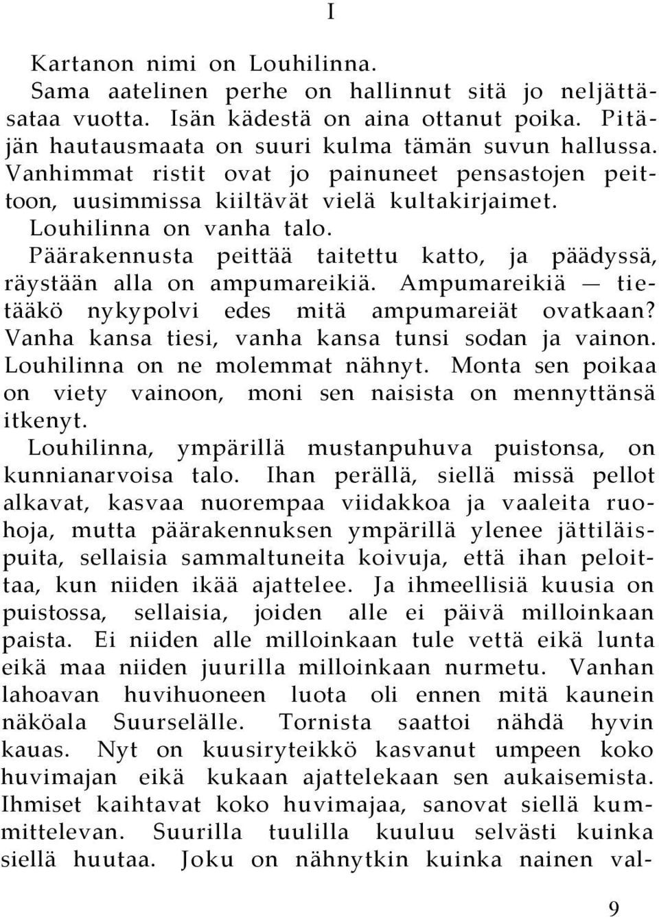 Päärakennusta peittää taitettu katto, ja päädyssä, räystään alla on ampumareikiä. Ampumareikiä tietääkö nykypolvi edes mitä ampumareiät ovatkaan? Vanha kansa tiesi, vanha kansa tunsi sodan ja vainon.