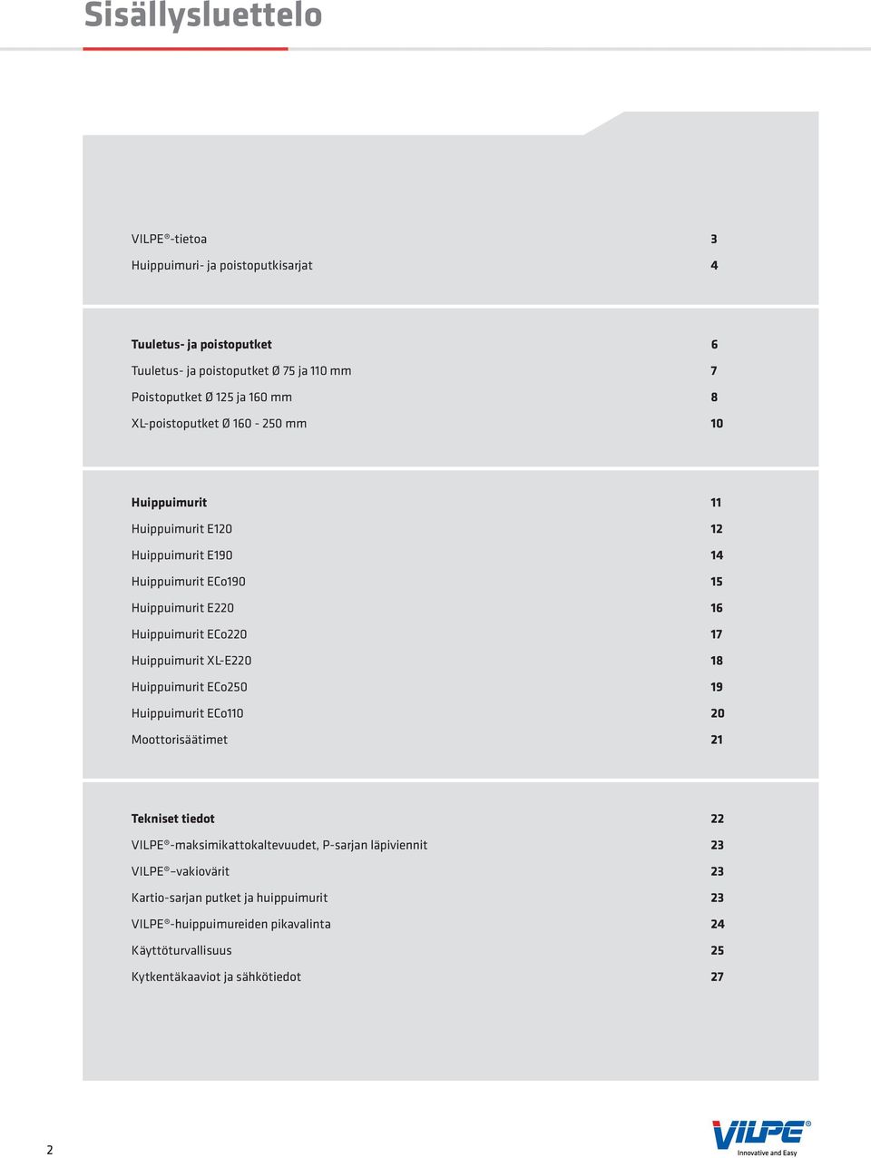 ECo220 17 Huippuimurit XLE220 18 Huippuimurit ECo250 19 Huippuimurit ECo110 20 Moottorisäätimet 21 Tekniset tiedot 22 VILPE maksimikattokaltevuudet, Psarjan